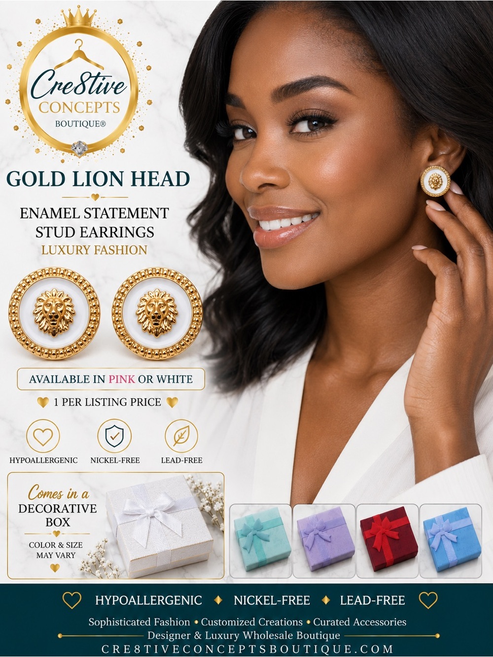 Gold Lion Head, Lux Vibes Enamel Statement Stud Earrings-1 Pink or White